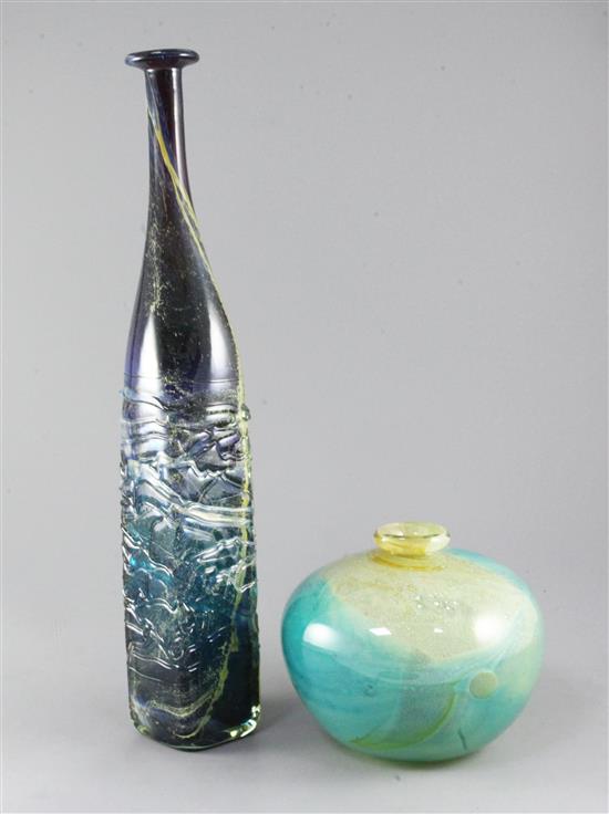 Michael Harris for Mdina Glass. A tall bottle and a compressed ovoid vase, diameter 18cm